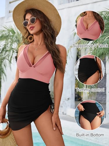 Image of Blooming Jelly Women One Piece Swim Dress Tummy Control Swimsuits Slimming Mesh Sheer Sarong Wraps Bathing Suit