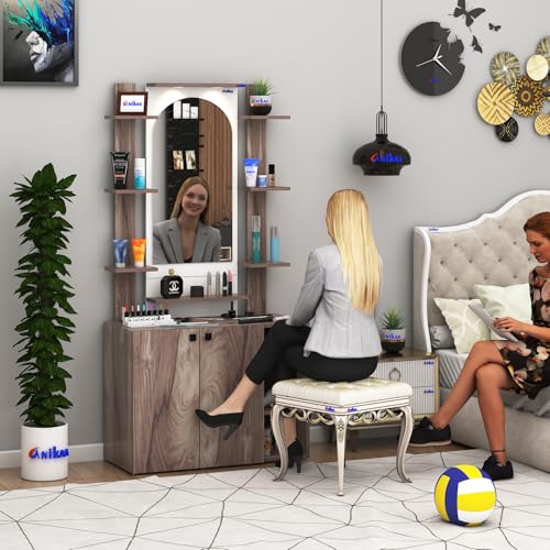 Image of Anikaa Venza Engineered Wood Dressing Table with Wall Mounted Mirror & LED Lights Open Shelf | Makeup Vanity Storage Cabinet with Soft Closed Hinge Door for Bedroom -(Coachwood /White) DIY Installation