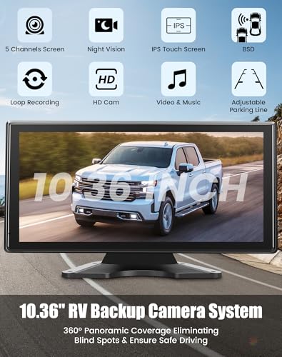 Image of 10.36 inch Wired Backup Camera System for Truck RV Trailer, 5 Channel Dash Cam with 5 1080P Camera, Touch Screen Monitor, No Delay Signal, DVR Loop Recording, Blind Spot Detection, IP69 Waterproof, 64GB