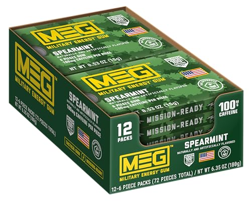 Image of MEG (Military Energy Gum) - Spearmint | Energy Caffeine Gum | 100mg Caffeine Per Piece |Fast-Acting Performance Boost - 12 Packs