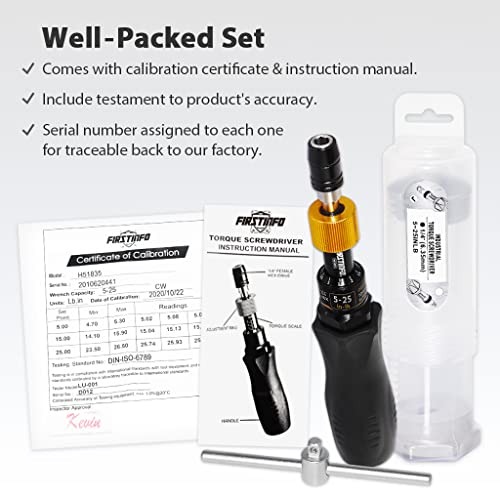 Image of FIRSTINFO H51835 Precision Certified Torque Limited Screwdriver 5-25 in-lbs with 1 /4 Inch Universal Hex Bit Holder Quick Release Design and Extra T-Handle