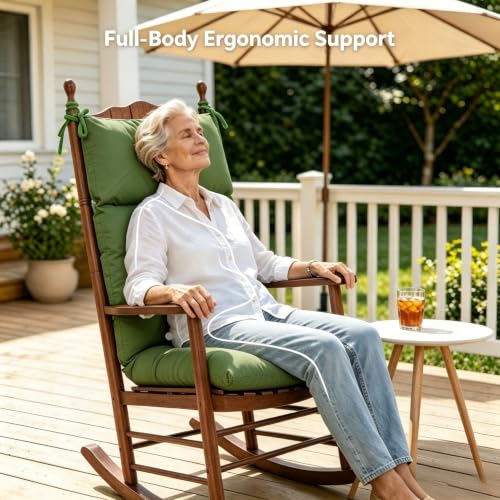 Image of QILLOWAY Outdoor Rocking Chair Cushions Set of 4, 100% Polyester Waterproof Patio Rocking Chair Cushion, High Back Weatherproof Chair Pad for Adirondack & Outdoor Furniture, Dark Green