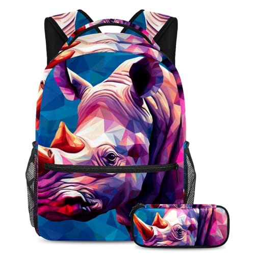 Art Rhino Pattern 9 grand sac à dos étudiant fille garçon avec trousse