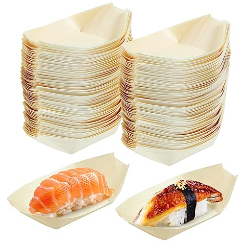 DOITOOL 100 Pcs Wooden Sushi Serving Tray Boat Disposable Japanese Sashimi Serving Plate Tray Platter Fast Food Boat Tray Snack Serving Dish for Home Restaurant - 14x8cm
