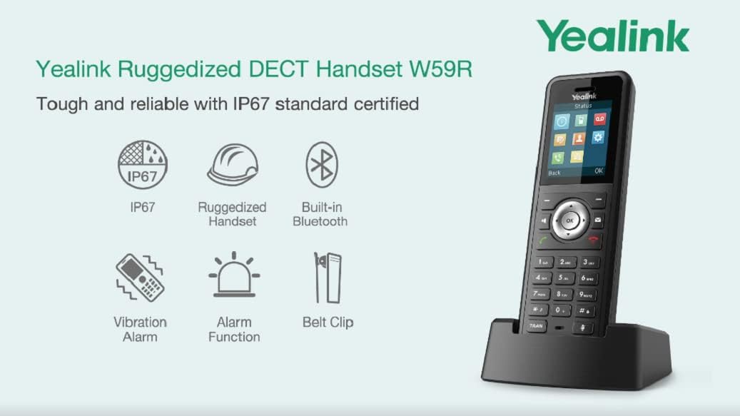 Yealink W59R Cordless Ruggedized DECT IP Phone, Base Station Not Included, 1.8-Inch Color Display, Power Adapter Included
