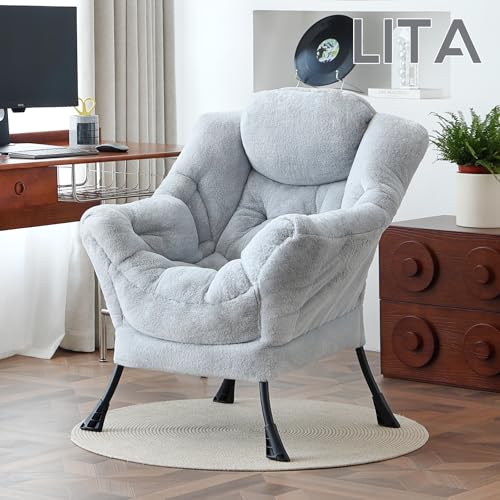 Image of LITA Lazy Chair with Armrests and Side Pocket, Modern Upholstered Accent Reading Chair for Living Room, Bedroom, Dorm, Small Spaces, Single Plush Grey