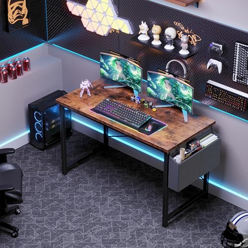 Image of OLIXIS Computer Desk, 47 Inch Gaming Desks for Home Office Small Spaces | Writing Study Craft Work Table, Computer Workstation for Bedroom with Storage Bag, Rustic Brown
