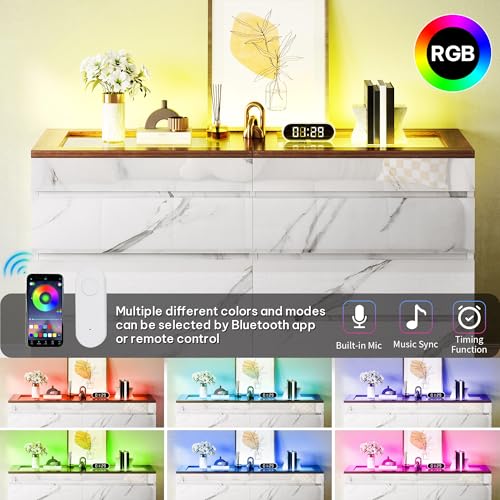 DWVO 8 Drawer Dresser with LED Light,White Marble Dresser, Modern 8 Chest of Drawers with Deep Drawers Glass Top High Gloss Surface, Storage Organizer Cabinet for Living Room, Bedroom