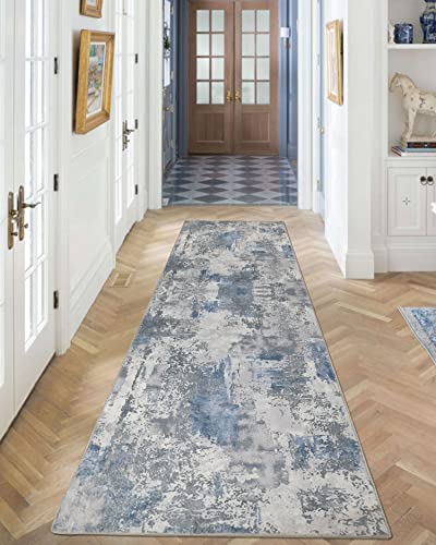 Famibay 2X8 Runners For Hallways With Rubber Backing Upgraded Non Slip Modern Abstract Washable Runner Rug Soft Fluffy Low Pile Carpet Floor Runners For Hallways Foyer Kitchen Entryway(Blue And Grey) #TOP5
