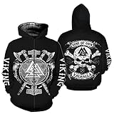 FLQWLL Sweat À Capuche De Tatouage Viking 3D Mythologie Nordique Valknut Mjolnir Double Hache Unisexe À Imprimé Intégral Streetwear Pull À Capuche Décontracté À Manches Longues,Hoodie Zip,L