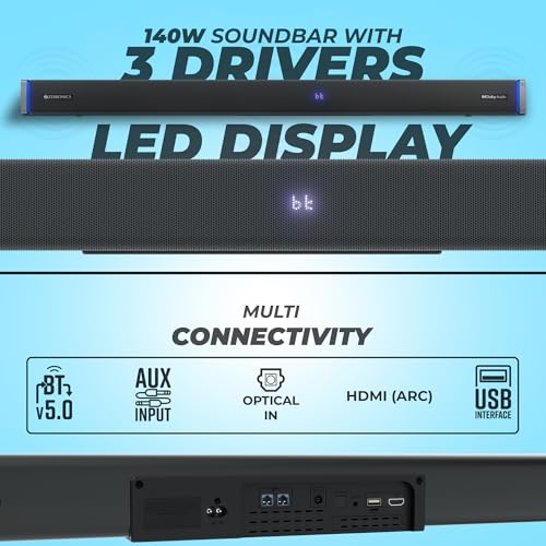 Image of ZEBRONICS JUKE BAR 9530 Pro Dolby Soundbar with 5.1 CH surround sound 340W output, 16.51cm Subwoofer, Bluetooth 5.0, HDMI (ARC), Optical IN, USB, AUX, Dual Rear Satellites, LED Display and RGB LED.