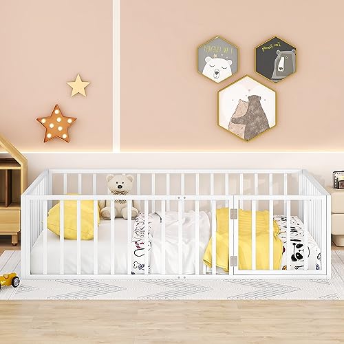 Image of Bellemave Queen Size Floor Bed for Kids, Montessori Beds with Rails and Door, Metal Playhouse Bed Frame with Fence for Boys Girls, White