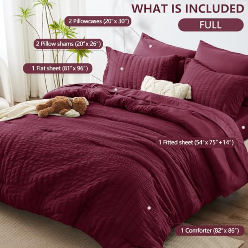 Image of HIMEET Full Comforter Sets, 7-Piece Seersucker Bed in a Bag, Burgundy | 90 GSM Brushed Fabric, 240 GSM Fill, 14-Inch Deep Pocket, OEKO-TEX Certified, Soft & Lightweight for All-Season Use