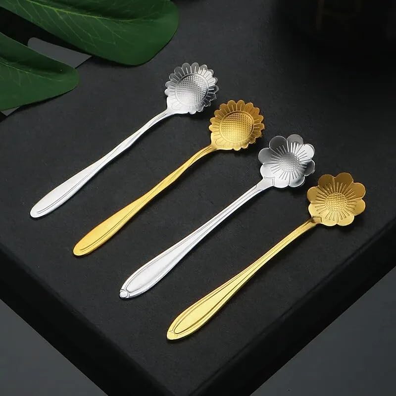 Juego de 6 cucharas de café de acero inoxidable con diseño de cerezo y rosa y flores doradas, regalos de cocina, postre, té, accesorios de decoración de vajilla, 6 piezas plateadas