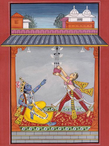 Peinture de Krishna à la gouache sur papier, tableau art indien traditionnel Kailash Raj