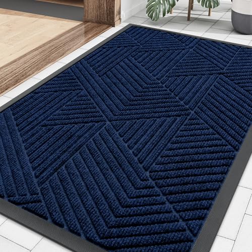 Image of Smiry Front Door Mat Outside Entrance, Heavy Duty Sturdy Natural Rubber Doormat, Trap Dirt and Moisture, Easy Clean Low Profile Mats for Indoor Outdoor Entry, Irregular Triangle (29.5x17, Royal Blue)