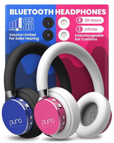 Puro Sound Labs BT2200 Plus Volume Limited Headphones for Kids - Bluetooth, Studio-Grade Audio, Over-Ear & Comfy Design, 20-Hour Battery Life, Easy to Connect Wireless Headphones for Kids, Blue & Pink