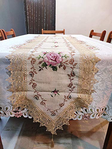 Image of MONKDECOR (O.F) Cut Work Cross-Stitch Embroidery Dining Table Runner (Size-15x70 Inches)- Gold & Pink Color