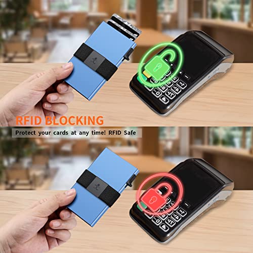 Image of SEMORID Slim Aluminum Card Holder Wallet - RFID Blocking Pop up Minimalist Wallet for Men | Front Pocket Smart Wallet Metal Card Case | Gifts for Him (Blue)