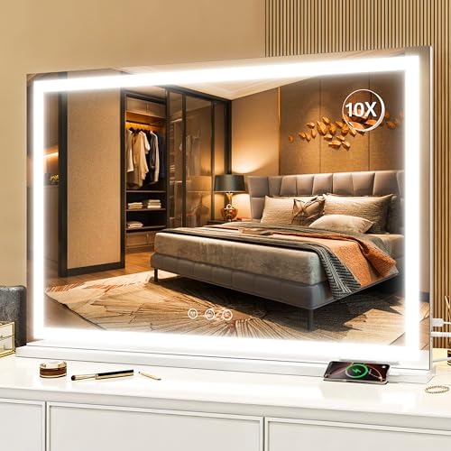 Image of ROLOVE Large Vanity Mirror with Lights 35.5 inch x 27 inch, LED Hollywood Makeup Mirror with USB Charging Port, 3 Color Modes, Dimmable Touch Control, 10X Magnification, Wall Mounted or Tabletop