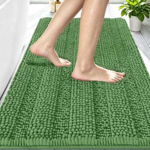 Image of Smiry Thick Small Chenille Bathroom Rugs 24x16, Soft Bath Mat, Olive Green | Quick‑Dry & Machine Washable, Non‑Slip Bath Carpet, Striped Bath Rugs for Tub & Shower, Modern Home Decor Accessories