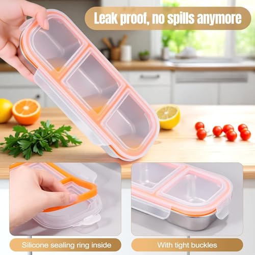 Image of Stainless Steel 3-Compartment Lunch Box with Leakproof Lid | Bento Snack Container with Airtight Silicone Seal | Portable Food Storage for Kids & Adults