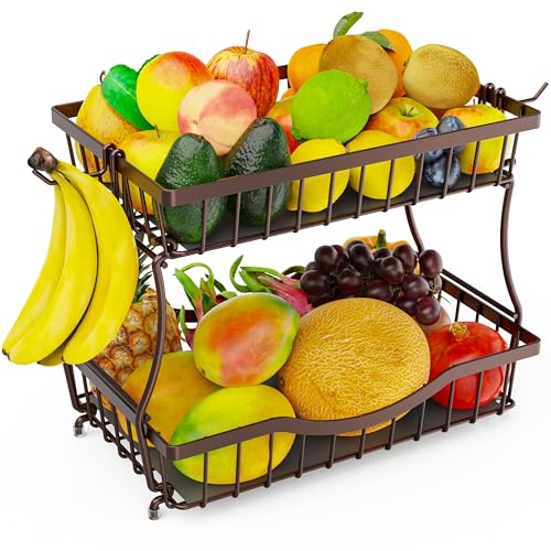 Zurklulu Cesta de frutas de 2 camadas para balcão de cozinha com 2 cabides de banana – Tigela de frutas de metal para armazenamento de cebola, vegetais, lanches, pães – Organizador de bancada – Bronze