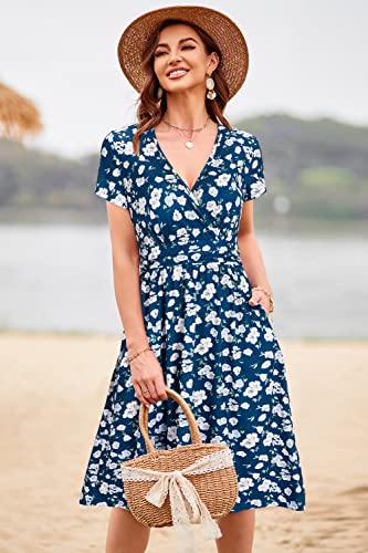Image of Newshows Women's Pockets Wrap V Neck Floral Summer Vacation Casual Sundress | Wrinkle Free, Stretchy, Summer Beach Floral Sundress 2026, Casual Dress for Vacation, Guaduation, Side Pockets, A-line