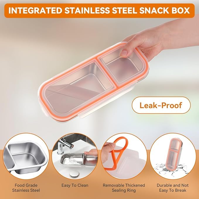 Image of Reusable Stainless Steel Snack Containers with Lids, Double /2 Compartment Stainless Steel Snackle Box Container for Adults, Divided Snack Food Storage Containers for School, Travel (2 Compartment)