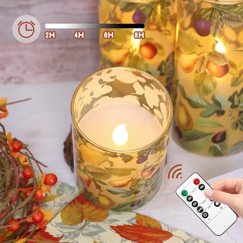Image of Fall Decor Flameless Candles, Autumn Harvest Berries Led Candles, Glass Battery Candle with Remote Timer, Maple Leaves Pumpkin Pillar Candles for Harvest Festive,Thanksgiving, Halloween