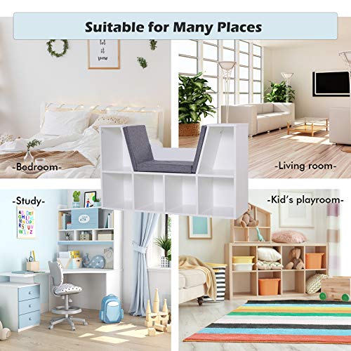 HOMCOM Bookcase Storage Shelf with Cushioned Reading Seat, Cube Bookshelf Organizer for Bedroom Living Room, White HOMCOM Bookcase Storage Shelf with Cushioned Reading Seat, Cube Bookshelf Organizer for Bedroom Living Room, White