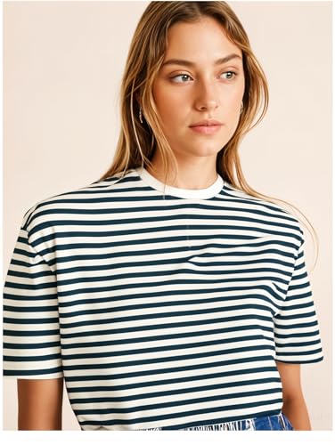 Image of Mack Jonney Oversized | Loose Fit | Half Sleeves 100% Cotton Round Neck Striped T-Shirt for WOMEN-MACK640558