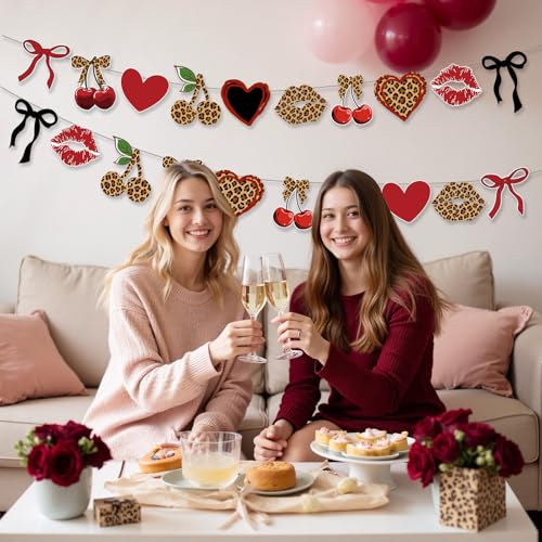 Image of Cheetah Cherry Birthday Party Decorations Leopard Hanging Banner Decor Red and Black Cheetah Cherry Print Pattern Card Banner Safari Animal Birthday Party Decorations Sulpplies for Women Girls