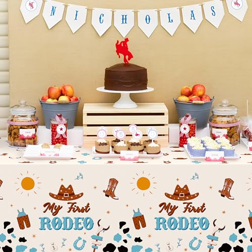 Image of K1tpde 3PCS My First Redeo Birthday Party Tablecloths Western Theme Cowboy Table Covers for Kids Blue Cowboy 1st Plastic Table Cloth for Boy Redeo Themed Party Decoration Supplies