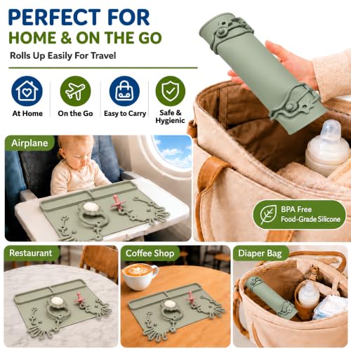 2 Pack Baby Silicone Mat with Suction Base & 8 Stretchable Straps, Lovbaby Baby Placemats, Portable Anti-Drop Activity Mat for High Chair & Table, Keeps Pacifiers & Toys Clean (Sage+Ether) — view 6
