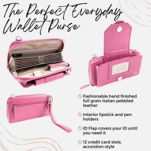 Women's Wallet RFID Cell Phone Purse Leather Crossbody with Accordion Pebbled Pink Rose Grenadine3