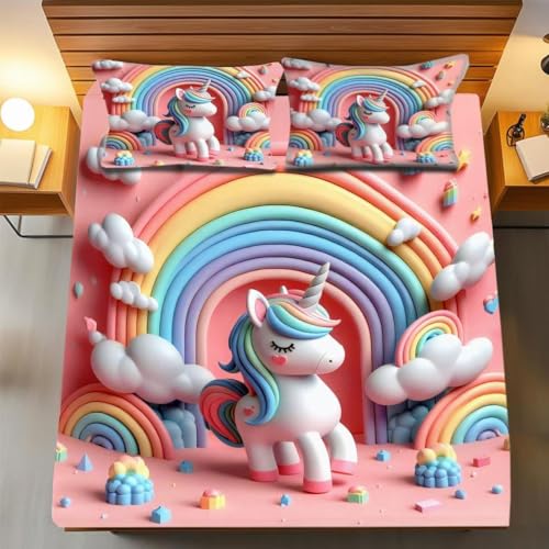 Image of Digital Printed Heavy Quality Glace Cotton 7D Bedsheet for Double Bed, 90 inch x 100 inch Flat Bedsheet with 2 Matching Pillow Covers, 300 TC (Pink Unicorn)