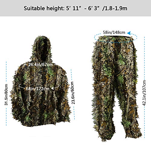 PELLOR 3D Ghillie Tarnanzug, Regenponcho Ghillie Suit Camouflagemit Tarnkleidung Geeignet zum Verstecken von Spielen, Outdoor, Jagen – Bild 3