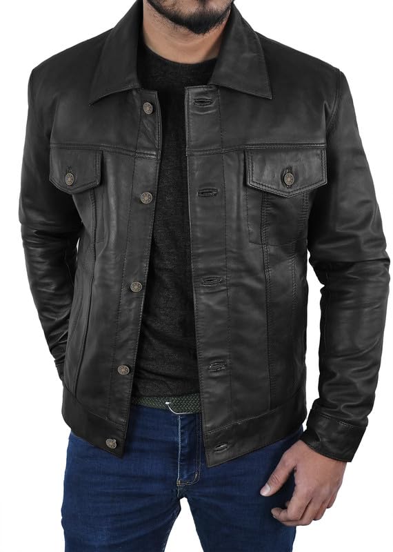 LP-FACON Mens Trucker Leather Jacket - Western Cowboy Leather Outerwear Jacket