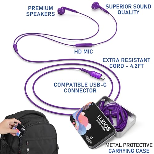 Image of LUDOS FEROX USB C Headphones for iPhone 17 16 15 Pro Max Plus Air iPad Pro, 5 Years Warranty, USB-C Earbuds for Samsung Galaxy S24 S23 Ultra S22 S21 FE S20 Z Flip 3 Fold 4 A53, USB Type C Earphones