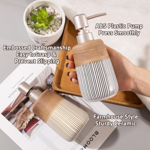 Image of 2 Pcs Ceramic Soap Dispenser Set, 16 Oz Refillable Liquid Soap Dispensers with Embossed Texture for Bathroom Countertop and Kitchen Sink, Hand Soap, Dish Soap & Lotion Bottles, Modern Home Decor