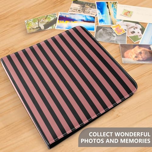 Álbum de fotos DIY adhesivo con cubierta de PU cuero color rosa oscuro con rayas negras, anillado de 3 argollas, 40 páginas, tamaño 11.8 x 11.2 pulgadas miniatura 5