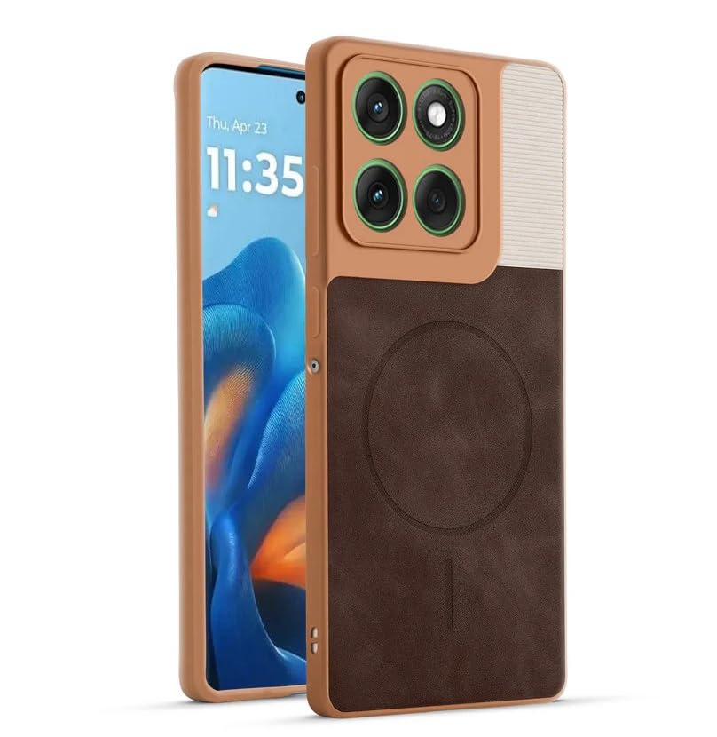Image of Bintage CASE Mac Safe Design Hard Light Weight Back Case | Soft Border Camera Protect | Dual PU Leather Finish Back Cover Compatible for Motorola Edge 60 Pro 5G - White & Cherry Brown