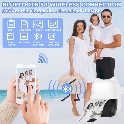 NLMWTI Mini Drucker, LED Tragbarer Mini-Wärmedrucker, Thermo-Foto, Wireless Fotodrucker mit Android & iOS mit 14 Rollen Papier, Drucker ohne Tinte, für Notizen, Bilder, Fotos, Journal