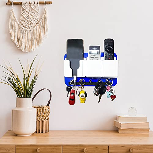 Image of Rainbow Dots ABS Remote Holder with Stainless Steel Key Hooks & Mobile Stand - Modern Wall Mount Organizer for Living Room, Entryway & Office (Blue White)