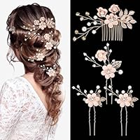 Andibro 4 Stück Braut Hochzeit Haarkämme,Rosa Blumen Strass Haarnadel Kristall Haar Accessoires Perlen Kopfschmuck Hochsteckfrisur für Frauen Mädchen Party Abschlussball Brautjungfern Blumenmädchen