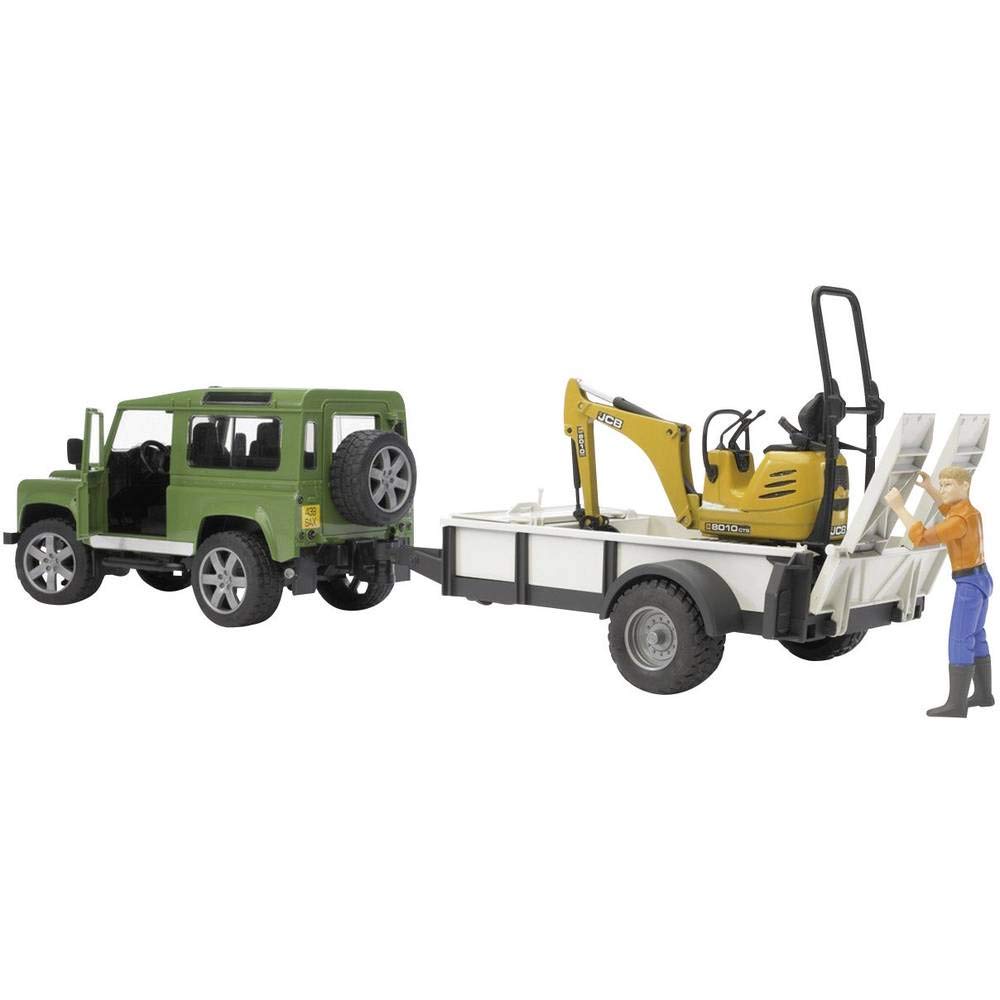 Bruder 2593 Land Rover Defender with One Axle Trailer, JCB Micro Excavator and Worker