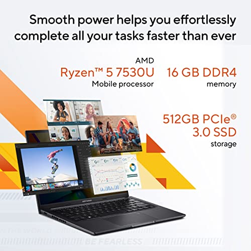 Image of ASUS Vivobook 14 OLED (2023), AMD Ryzen 5 7530U, 14 inch (35.56 cm) 2.8K OLED 90Hz, Thin & Light Laptop (16GB /512GB SSD /Windows 11 /Office 2021 /Alexa /Backlit KB /FP Sensor /Black /1.60 kg), M1405YA-KM541WS