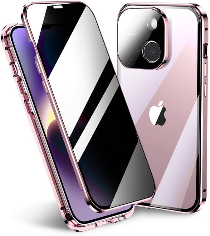 HENGHUI Funda magnética de vidrio antimiradas con cerradura para iPhone 15, con protector de lente de cámara, protector de vidrio de privacidad,