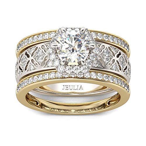 Jeulia Diamond Band Rings Vintage Halo Round Cut Sterling Silver Wedding Ring Set Engagement Anniversary Promise Bridal Sets Ring for Women and Girls With Gift Box
